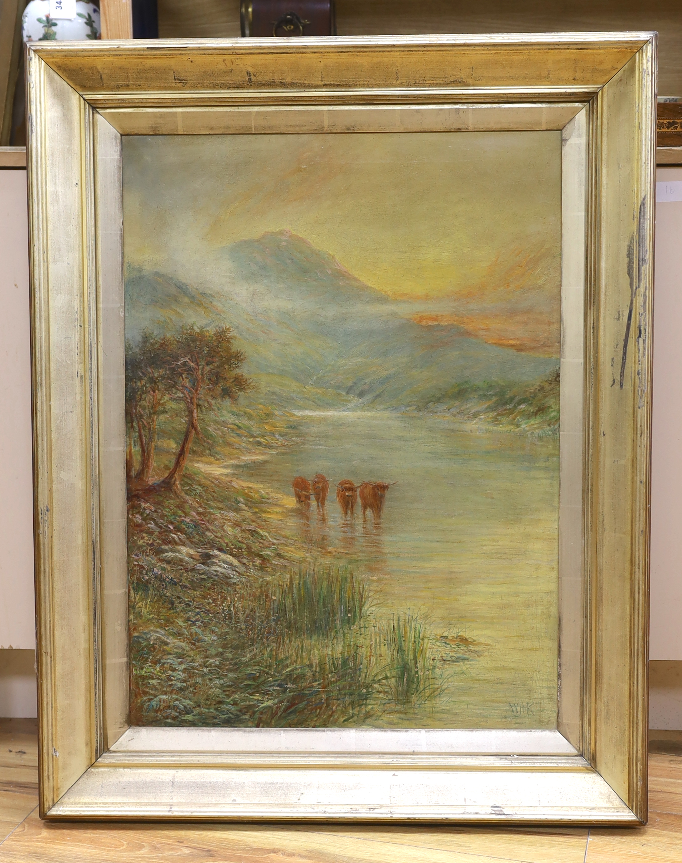 W.J.H., Scottish, oil on canvas, Mountainous landscape with highland cattle, signed with monogram, 75 x 54cm